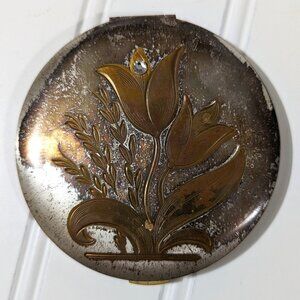 Vintage Zell Compact Art Deco Mirror Puff Powder Floral Lilly 1950s Pocket